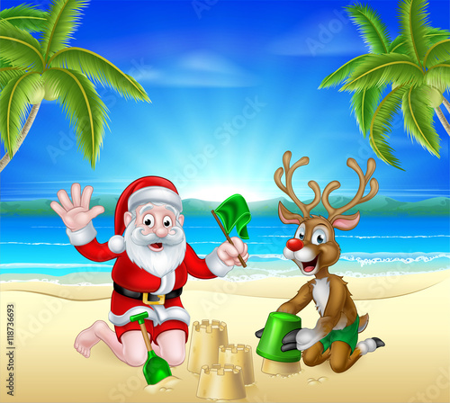 Christmas Santa and Reindeer on Summer Beach