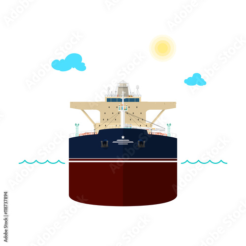 Front View of the Vessel, Oil Tanker on White Background, International Freight Transportation, Vessel for the Transportation of Goods, Vector Illustration
