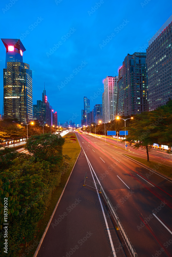 Empty road surface floor with modern city landmark architecture