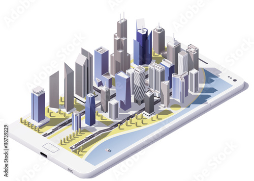 Vector isometric city on the smartphone screen