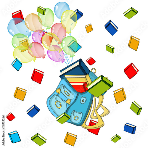 Back to school banner, sign, color baloons with schoolbag ,color books in air