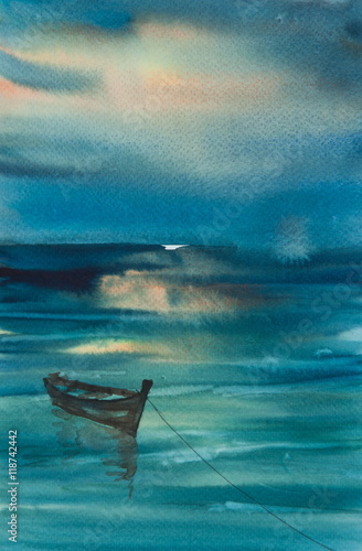 One boat floats on the blue sea