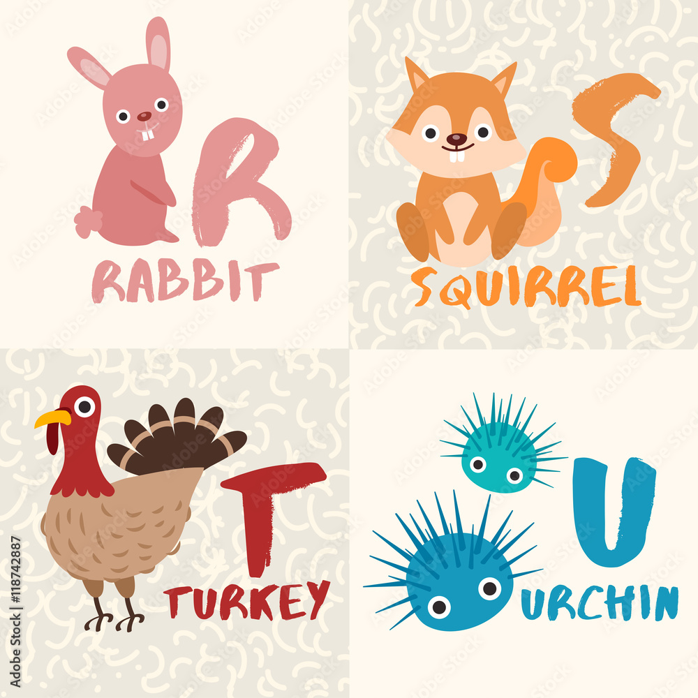 Fototapeta premium Cute Animal Alphabet Set : Letter R,S,T,U : Vector Illustration