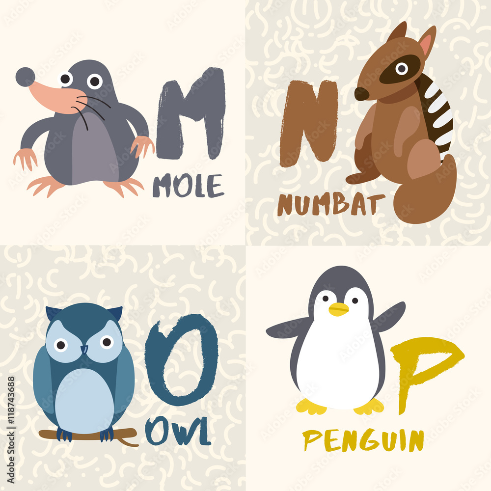 Obraz premium Cute Animal Alphabet Set : Letter M,N,O,P : Vector Illustration
