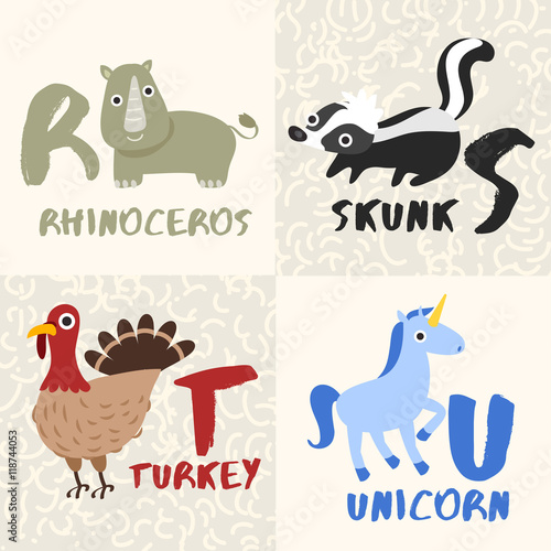 Cute Animal Alphabet Set   Letter R S T U   Vector Illustration