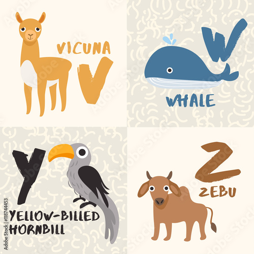 Cute Animal Alphabet Set : Letter V,W,Y,Z : Vector Illustration