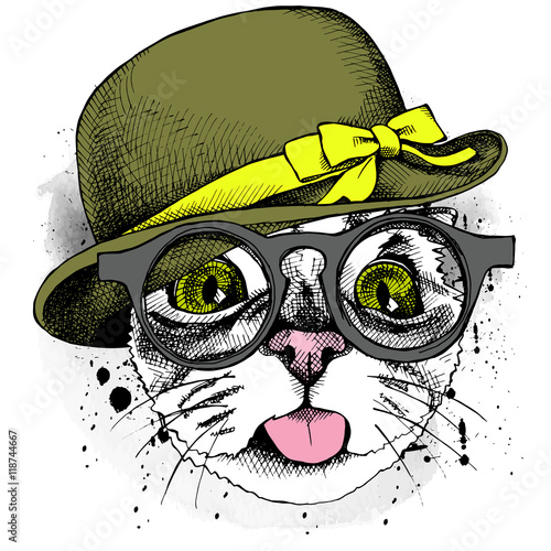 Cat portrait in Elegant women's hat with green bow and glasses. Vector illustration.