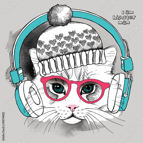 Image portrait cat in glasses and hat with headphones. Vector illustration.