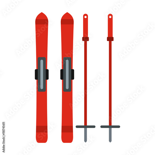 Skis and sticks icon in flat style isolated on white background. Winter entertainment symbol