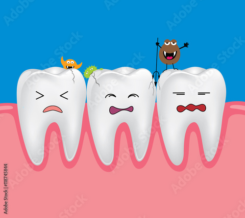 Tooth with bacteria. Dental problem. Sad decayed teeth fear with bacteria vector cartoon