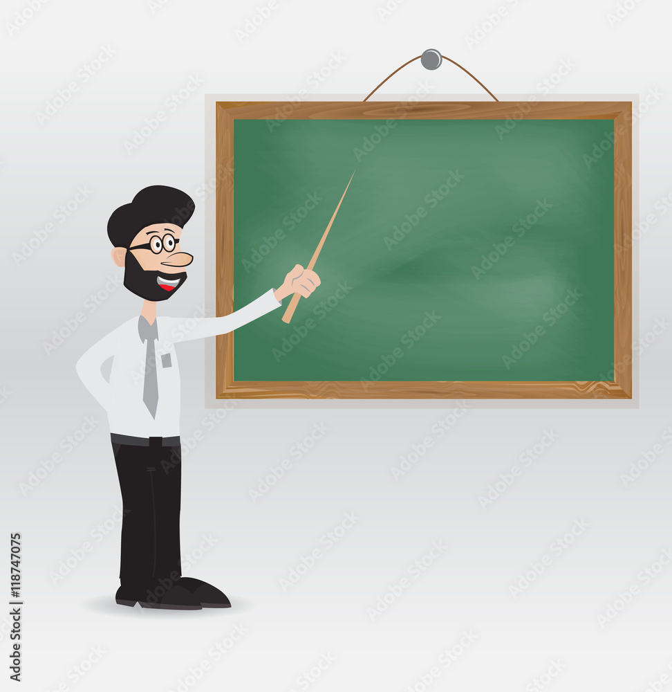 cartoon teacher with beard and glasseye pointing to chalkboard cartoon teacher with beard and glasseye pointing to chalkboard