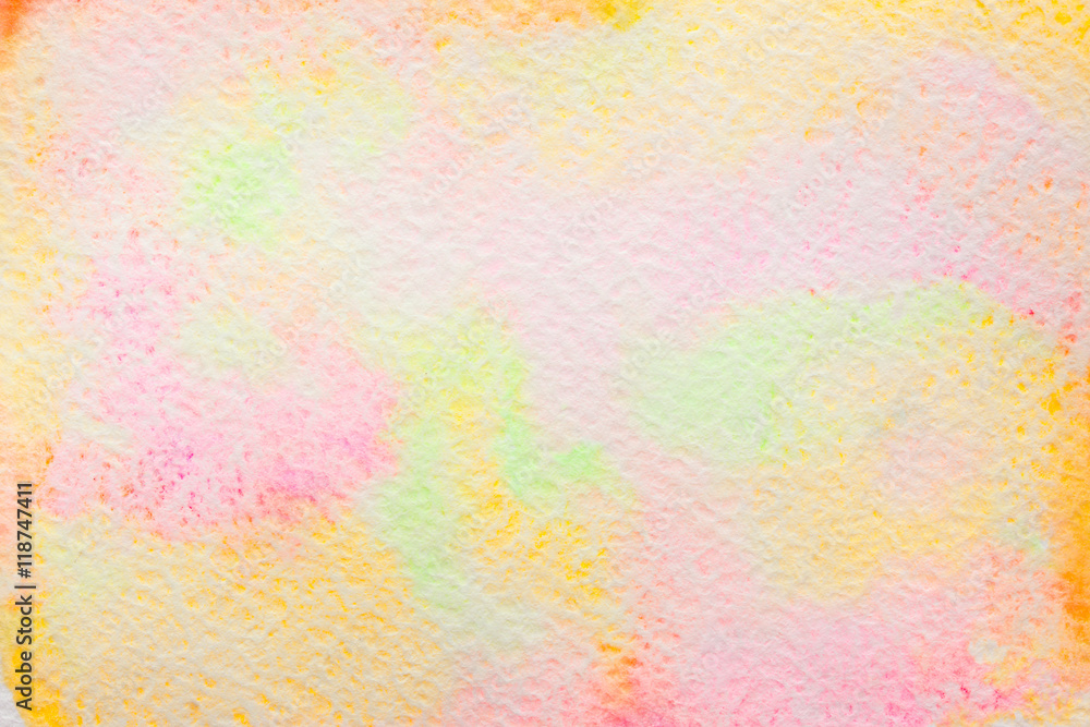 Abstract background, original art, watercolor painting. Paper texture with pink, orange, yellow and red stains.  Colorful handmade technique aquarelle.
