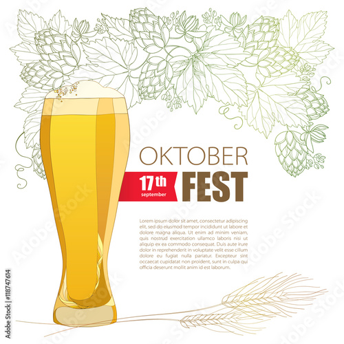 Oktoberfest greeting poster with beer glass, Hops and barley ears isolated on white. Outline hops, barley for beer festival Oktoberfest and brewery. Vector elements in contour style for brewery design