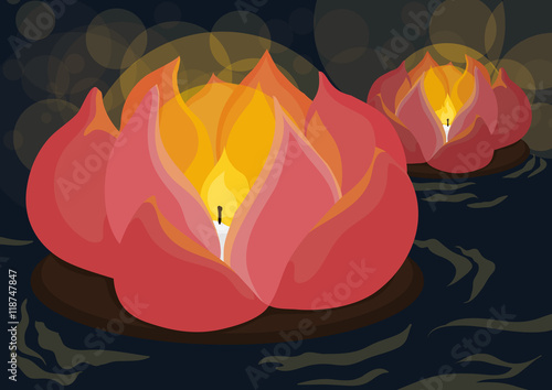 Poster with beauty lotus lantern floating in the river guiding the lost souls in ghost festival