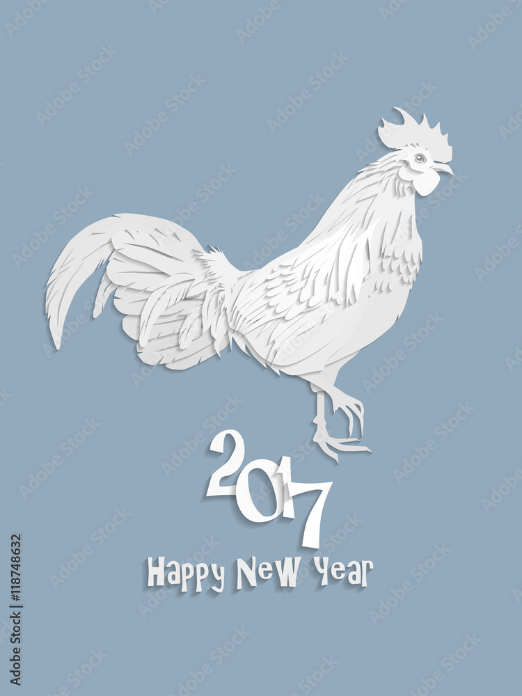 Obraz premium White cock on blue background looking at right. Chinese calendar Zodiac for 2017 New Year of red fire rooster. Isolated vector silhouette made in paper cut style.