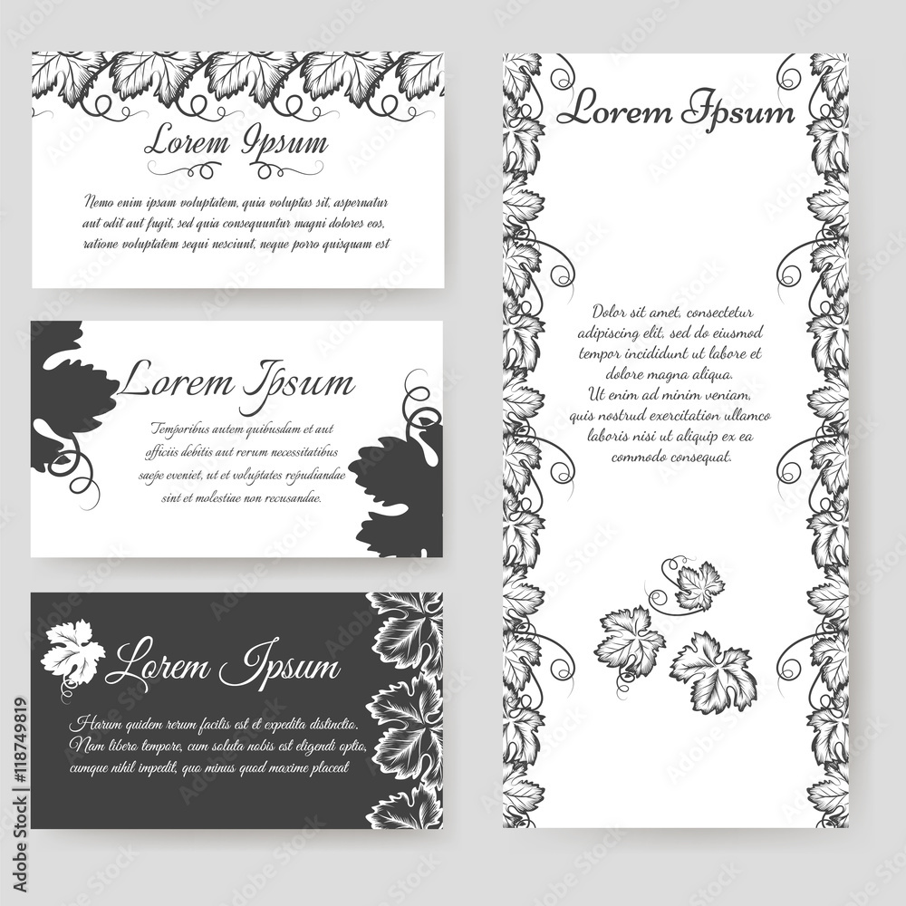 Personal card and flyer botanical design with grape leaves. Vector illustration Personal card and flyer botanical design with grape leaves. Vector illustration