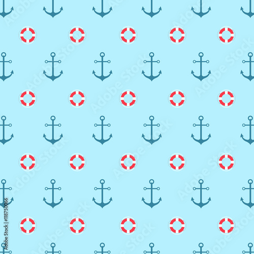Seamless pattern with a lifeline and anchor. Bright sea background. Vector pattern