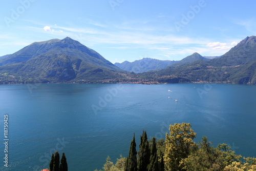 Panorama of Lake Como with mountains in Lombardy, Italy photo