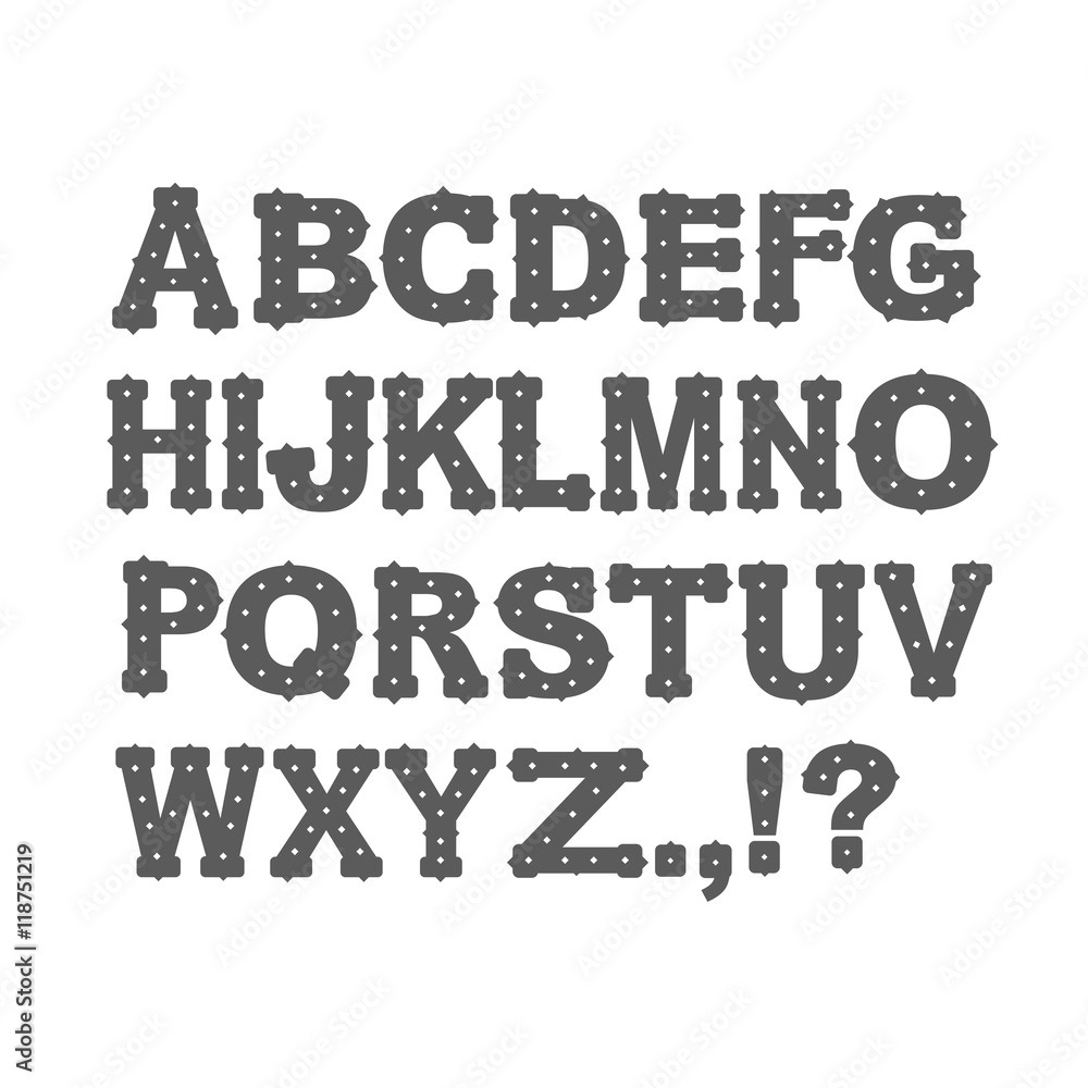 Vector alphabet on white background with dots inside and pointed edges Vector alphabet on white background with dots inside and pointed edges