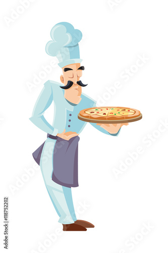 vector illustration of itallian cook holding tray with pizza.