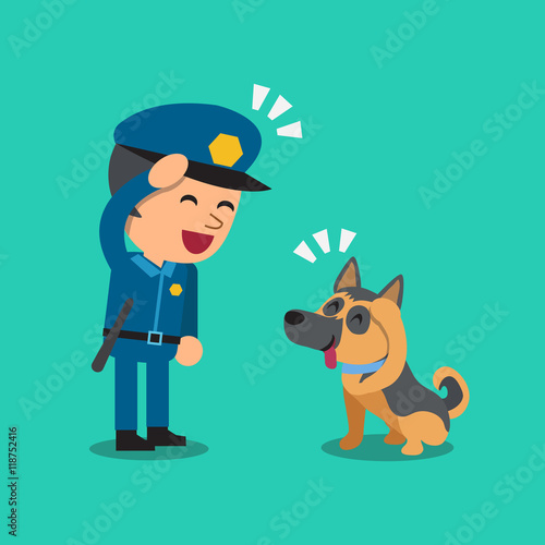 Cartoon security guard policeman with his guard dog