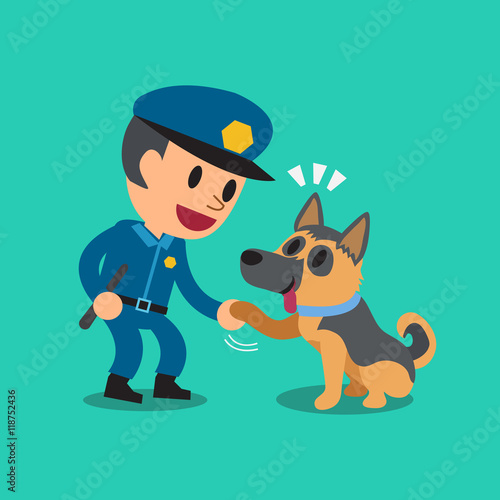 Cartoon security guard policeman with police guard dog