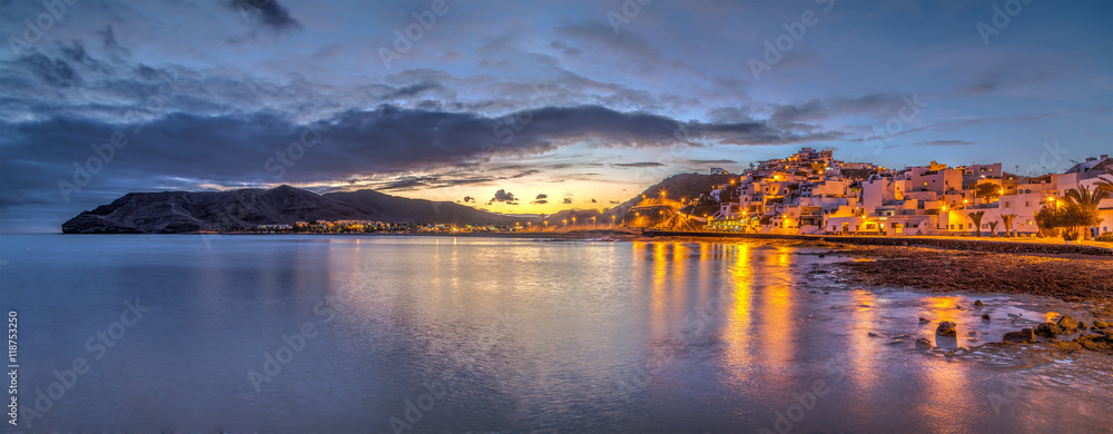 A view of Las Playitas village in the dusk in Fuerteventura island, Canary Islands A view of Las Playitas village in the dusk in Fuerteventura island, Canary Islands