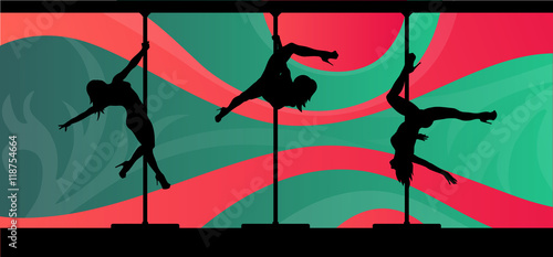 Black vector silhouettes of female pole dancers performing pole moves on abstract background.