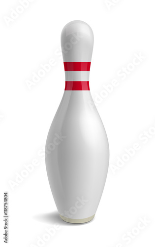 Bowling pin. Skittle with red stripes. Sport competition. Activity and fun game. Vector illustration isolated on white background