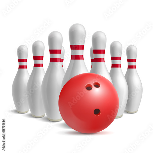 Bowling ball and skittles. Sport equipment for game. Hobby and recreation. Red bowl and bowling pins. Vector illustration isolated on white background.