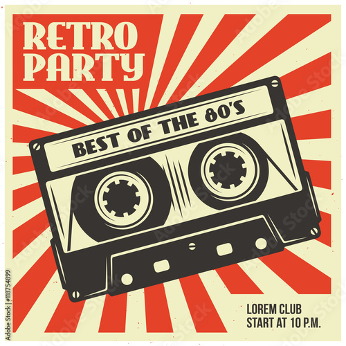 Retro party poster template with audio cassette. Vector vintage illustration.