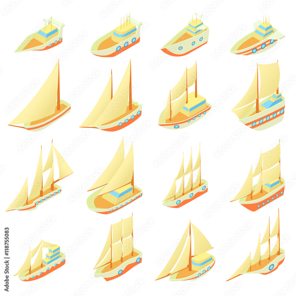 Sailing ship icons set in cartoon style. Ship and boat set collection vector illustration