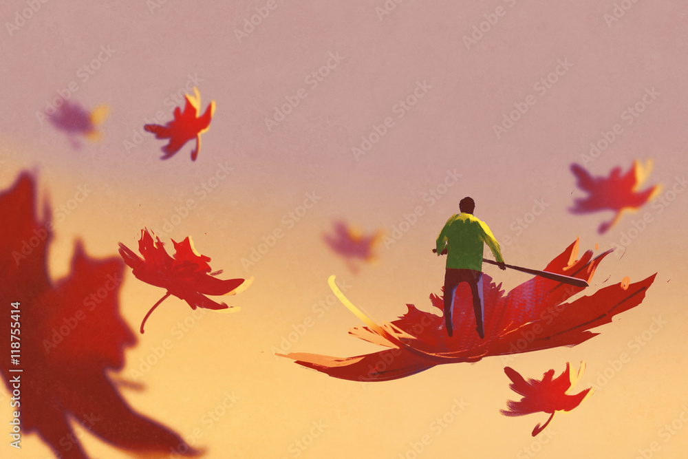 Fototapeta premium autumn falling,small man rowing maple leaf floating in the sky,illustration painting