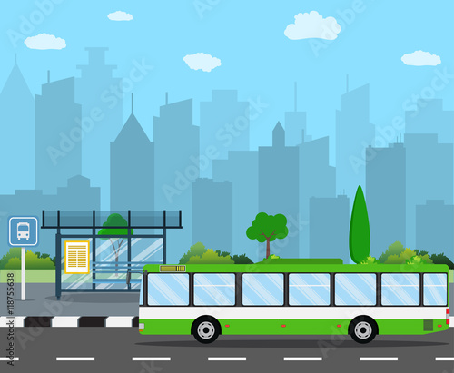 Bus Stop with City Skyline