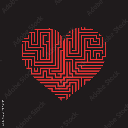 maze heart Valentine Day Puzzle find the way red on black 3