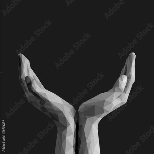 polygonal open palms cupped hands up empty on black background m