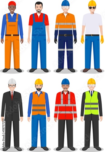 Professional people concept. Set of different detailed illustration of worker, builder and engineer in flat style on white background. Vector illustration.