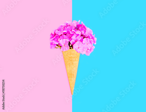 Ice cream cone flowers over pink blue colorful background top vi