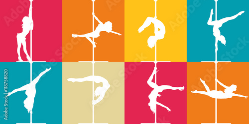 Flat style pole dance and pole fitness icons. Colorful vector silhouettes of female pole dancers.