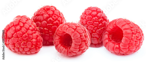 Five ripe raspberries in a line isolated on white background with clipping path