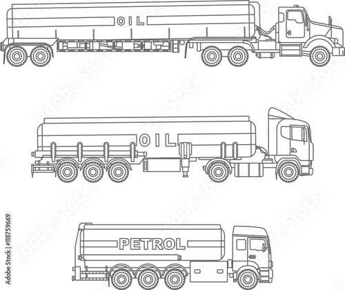 Coloring pages. Set of different gasoline trucks flat linear icons isolated on white background. Vector illustration.