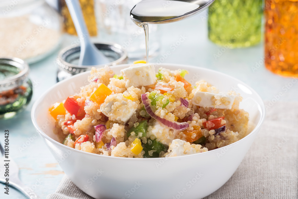 Close up of quinoa salad on blue old wooden table Close up of quinoa salad on blue old wooden table