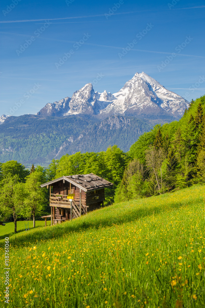 Alpine scenery with old mountain hut in summer