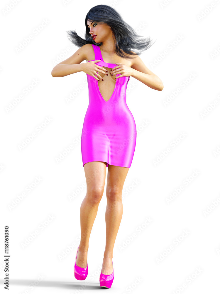 Girl brunette with long hair in short purple silk dress. Conceptual fashion art. Isolate. Studio, high key. Seductive candid pose. Sex. 3D render illustration, photorealistic image. Girl brunette with long hair in short purple silk dress. Conceptual fashion art. Isolate. Studio, high key. Seductive candid pose. Sex. 3D render illustration, photorealistic image.