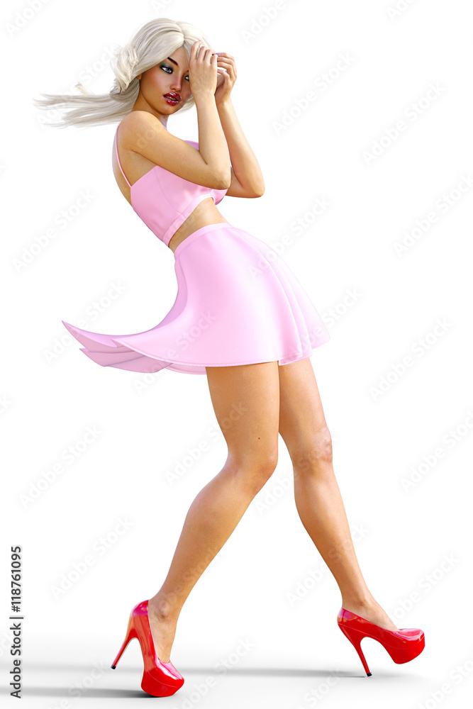 Sexy glamorous girl pink skirt and red platform shoes. Blonde bright makeup. Young beautiful woman in studio. Girl standing in candid provocative pose. Photorealistic 3D render illustration. Isolate.