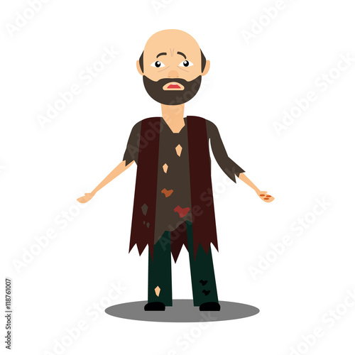 Homeless. Shaggy man in dirty rags and with a bag in his hand. Vector illustration.