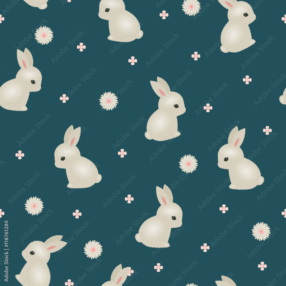Obraz premium White baby rabbit floral seamless wallpaper