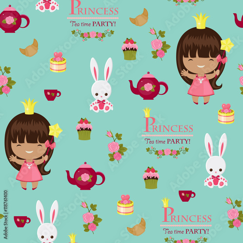 Princess tea time party seamless pattern