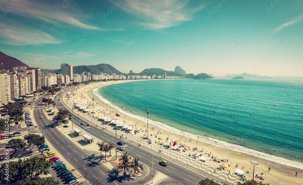 Copacabana Beach and Sugar Loaf Mountain aerial view in Rio de Janeiro