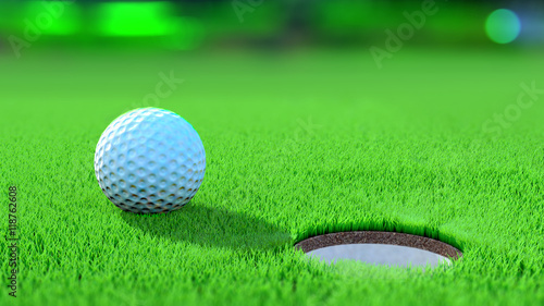 Gros plan d'une balle de golf sur le green proche du trou. Concept gagnant. Rendu 3D 